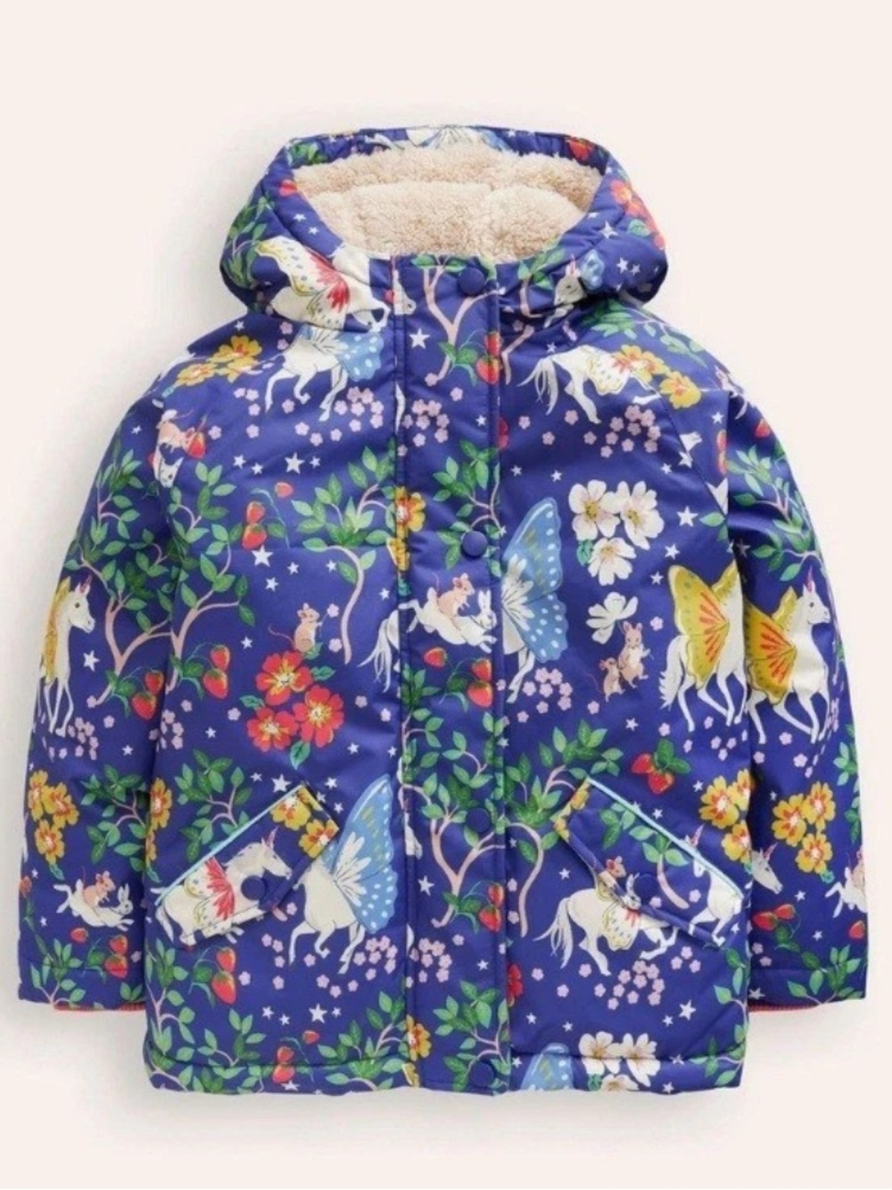 Mini Boden Enchanted Unicorn Navy Sherpa Lined Anorak Hooded Jacket Size 5-6Y
